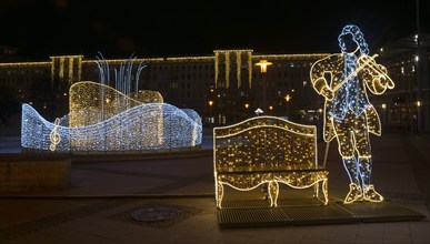 Telemann fountain and bench, world of lights, Ulrichplatz, Magdeburg, most extensive Christmas and