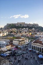 View over the old town of Athens, with Tzisdarakis Mosque and Acropolis, Monastiraki Square,