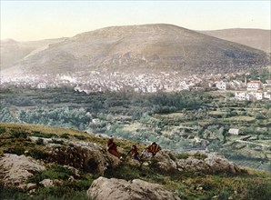 Napulus and Mount Gerizim, Nablus, Holy Land, West Bank, c. 1890, Historic, digitally restored