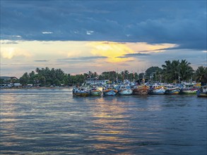 Fishing boats in lagoon, sunset, Negombo, Sri Lanka, Asia