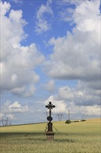 Field cross in a wheat field, near Dukovany, Czech Republic, Grain field with a lonely field cross,