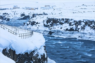 Secured viewing platform above the river Skialfandaljot, near the waterfall Godafoss, Northern