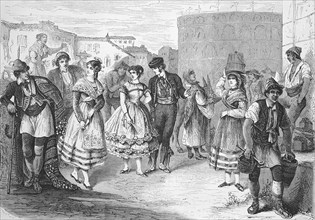 Citizens in Spain in typical dress around 1870, from left, Murca, Aragon, Valencia, Andalusia,