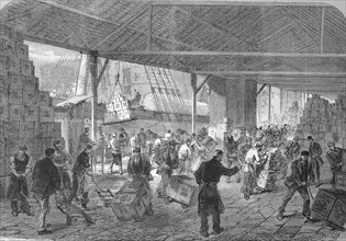 Delivery of Tea in the Docks of London, 1868, England, Historic, digitally restored reproduction of