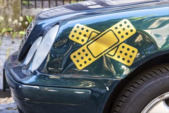 Fender bender on a Mercedes, plaster instead of repair, Alsfeld, Knüllgebirge, Hesse, Germany,