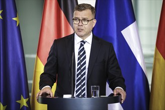 Petteri Orpo, Prime Minister of the Republic of Finland, photographed at a press conference after