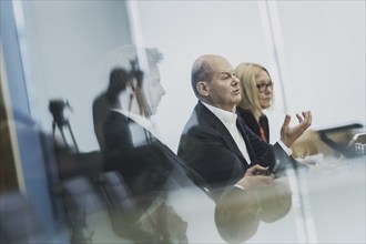 Olaf Scholz (SPD), Federal Chancellor, recorded at a federal press conference on current domestic