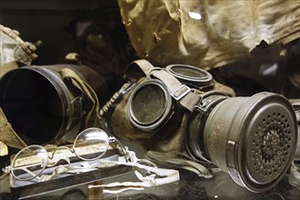 First World War One gas mask in the Hooge Crater Museum at Zillebeke, Belgium, Europe