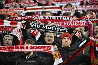 Fans VfB Stuttgart with fan scarves, fan block, fans, fan curve, flags, MHPArena, MHP Arena