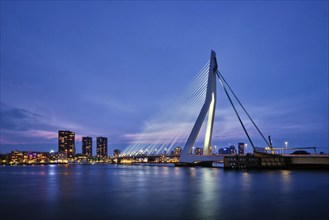 Erasmus Bridge (Erasmusbrug) and Rotterdam skyline illuminated at night. Rotterdam, Netherlands