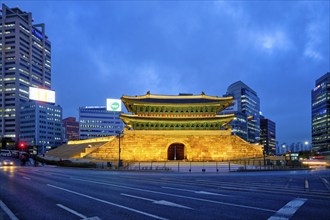 Seoul, South Korea, April 1, 2016 : Namdaemun Gate Sungnyemun at night with city traffic, Seoul,