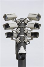 Many surveillance cameras in urban environment, Bahnhofsplatz, state capital Wiesbaden, Hesse,