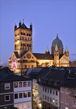 Elevated view over the roofs of St Quirinus Minster in the evening, Neuss, Lower Rhine, North