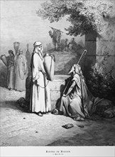 Bible, Rebekah at the well, Genesis 1, 24, 15, people, woman, drawing water, jug, robe, old man,