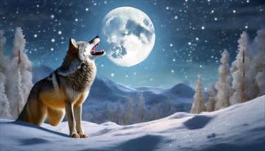 A wolf in a winter landscape howls at the full moon, AI generated