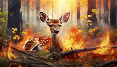 Climate change, global warming, environmental disaster, a fawn lies in a forest fire, AI generated