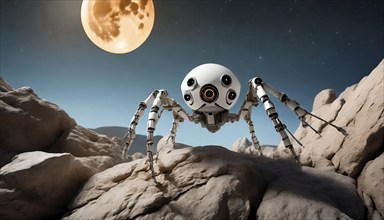 Science fiction, space travel, a robotic vehicle with spider legs exploring the moon, AI generated