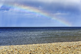 Rainbow in cloudy sky, sea view, coastline, Bray, Wicklow, Ireland, Europe