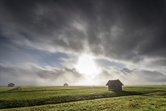 Small hut in backlight in high fog in front of mountains, backlight, autumn, Bavaria, Germany,