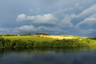 Rain clouds over the dam on a summer evening., Malter, Saxony, Germany, Europe