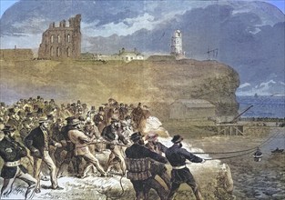 The Tynemouth Brigade of Volunteer Rescue Squads practising manoeuvring the rescue gondola, In the