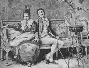 Young couple sitting on a sofa, relieved facial expression. Woodcut after a painting by P. Bedini,