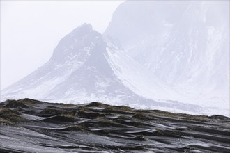 Black sand dunes with reed remains, behind them snowy rocky slopes of Klifantindur, near