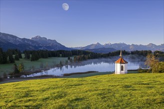 Photomontage, chapel at Hegratsrieder See, near Füssen, moon, Allgäu Alps, Allgäu, Bavaria,