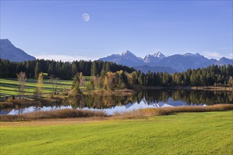 Photomontage, Hegratsrieder See near Füssen, moon, Allgäu Alps, Allgäu, Bavaria, Germany, Europe