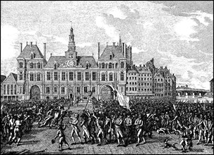 The heads of de Launay and Flesselles being carried around on spades in front of the town house in