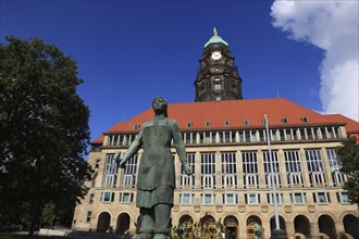 Trümmerfrau Monument in front of the Town Hall, The New Town Hall in Dresden, Saxony, Germany,