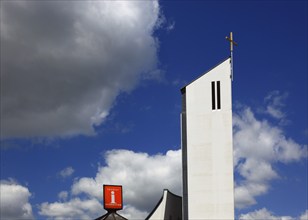 Modern church and notice on tourist information, motorway church St. Christoperus, Himmelkron,