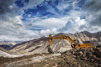 Road construction in mountains Himalayas. Ladakh, India, Asia