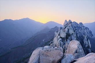 View of stones and rock formations from Ulsanbawi rock peak on sunset. Seoraksan National Park,