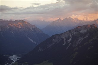 The Lech Valley near Reutte, Austria. Sunset over the Alps