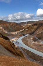 Stream between colourful rhyolite mountains, Hveradalir geothermal area, Kerlingarfjöll, Icelandic