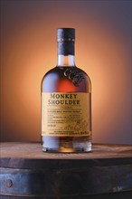 April 8, 2022, Minsk, Belarus, Monkey Shoulder blended malt scotch whisky on top of the barrel over