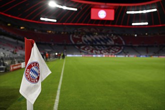 Overview interior Allianz Arena, empty, corner flag with logo FC Bayern Munich, scoreboard, Munich,