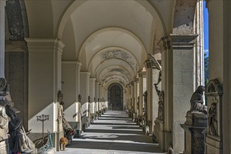 Arcade with tombs at the Monumental Cemetery, Cimitero monumentale di Staglieno), Genoa, Italy,