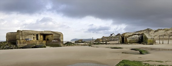 World War II concrete blockhouses on beach at Wissant, Nord-Pas de Calais, France, Europe