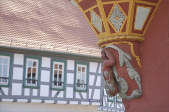 Wood carving with ornamentation on the bay window and half-timbering, detail, Einhardhaus,