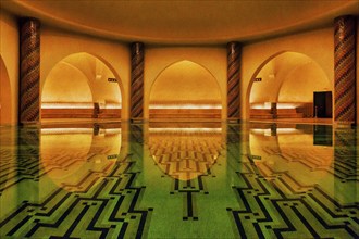 Hamam of Hassan II Mosque, architecture, interior, illustration, Casablanca, Morocco, Africa