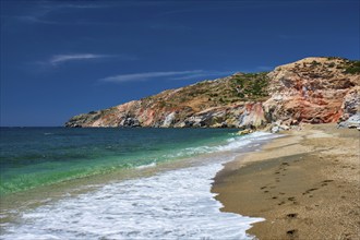 Greek beach in Greece view, Paleochori beach and waves of Aegean sea, Milos island, Cyclades,