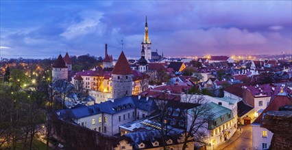 Panorama of aerial view of Tallinn Medieval Old Town with St. Olaf's Church and Tallinn City Wall