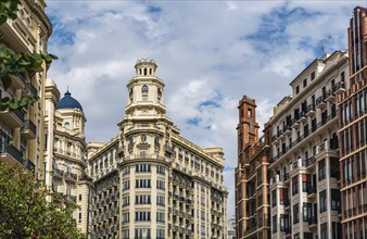 Architecture and buildings over Plaza del Ayuntamiento, Valencia, Spain, Europe