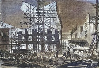 Night work for the construction of buildings, 1869, Moniteur, Paris, France, Historic, digitally