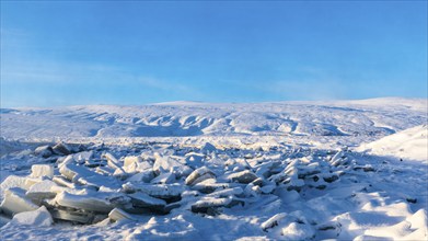 Icefall at the river Skialfandafljot z, near the waterfall Godafoss, snow-covered landscape, North