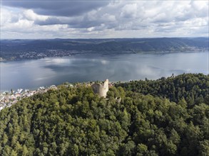 Aerial view of Lake Constance with the ruins of Altbodman with the village of Bodman-Ludwigshafen,