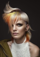 Portrait of beautiful woman with multi-colored hair and creative make up and hairstyle