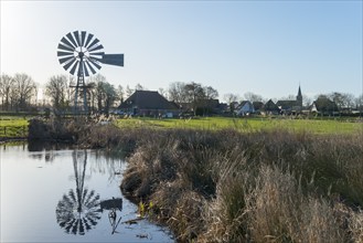 Mill with view of Earnewald, National Park De Alde Feanen, the old fen, Earnewald, Eernewoude,